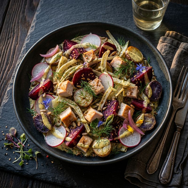 Spring Chicken Salad with Lemon & Dill Creme, Beetroot, Radish and Fennel