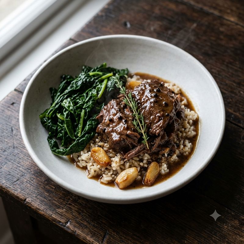 Peppercorn Beef with Confit Garlic Rice & Winter Greens