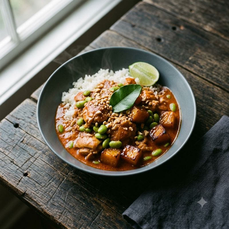 Winter Peanut Chicken Panang with Jasmine Rice & Edamame